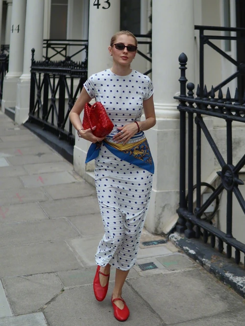 Polka Dot Midi Dress with Blue and Yellow Scarf, Red Ballet Flats, and Woven Handbag