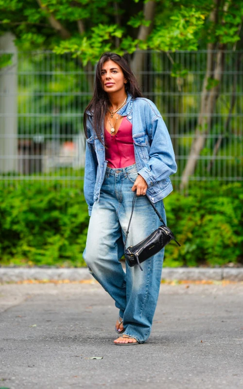 Casual Cool in Double Denim with Maroon Accent and Bold Accessories
