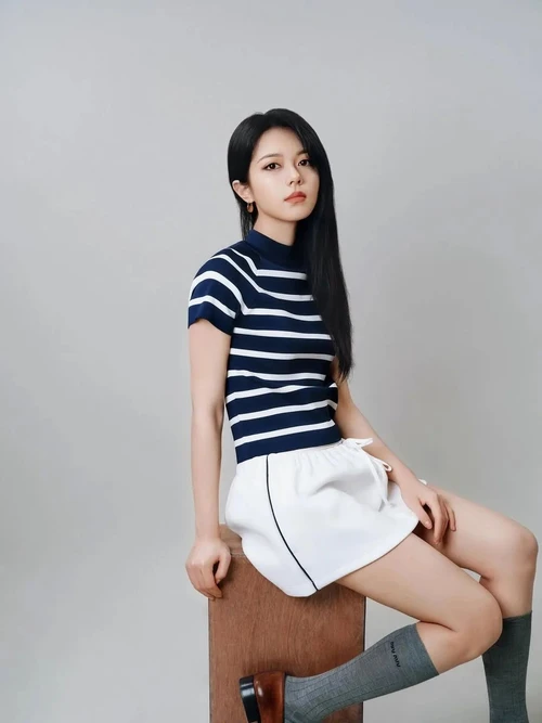 Nautical-Inspired Striped Top and White Skirt with Brown Loafers and Long Socks