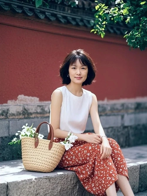 Effortlessly Chic Summer Style with a White Sleeveless Top, Rust Floral Skirt, and Straw Handbag