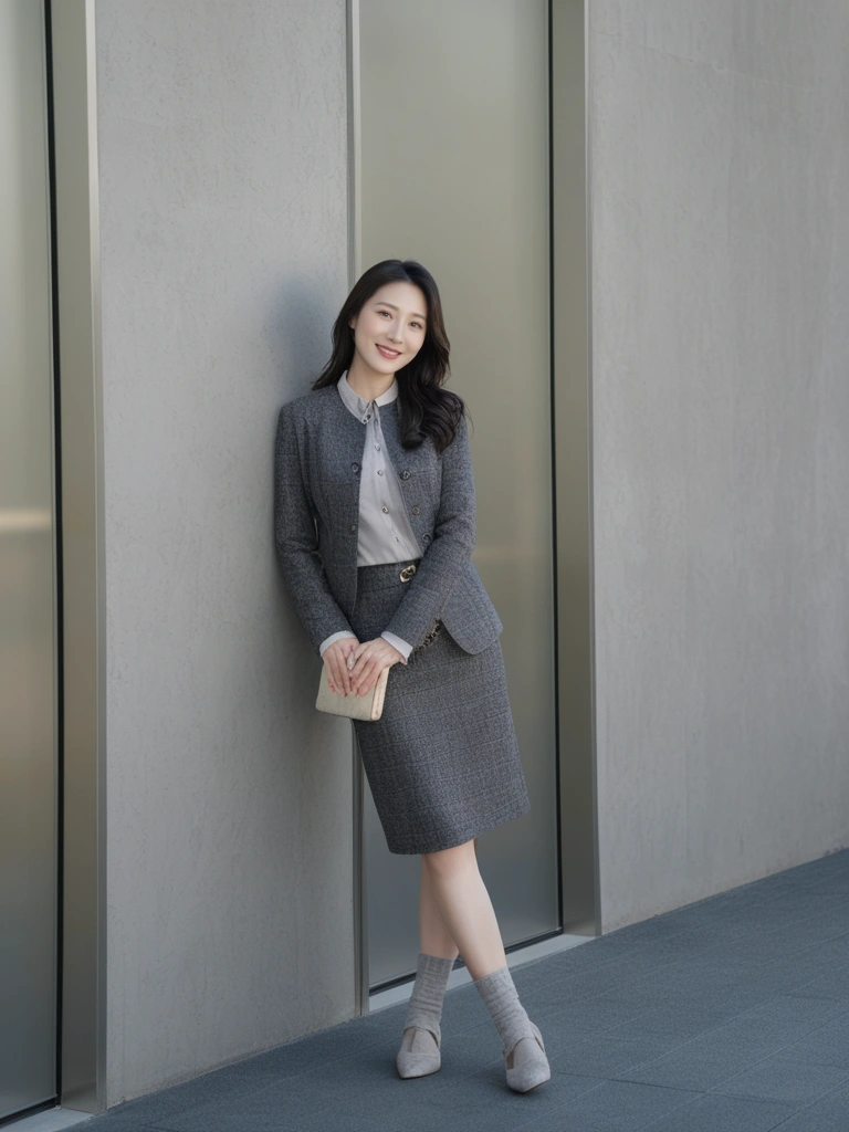 Elegant Charcoal Tweed Blazer and Skirt Set with Classic Accents