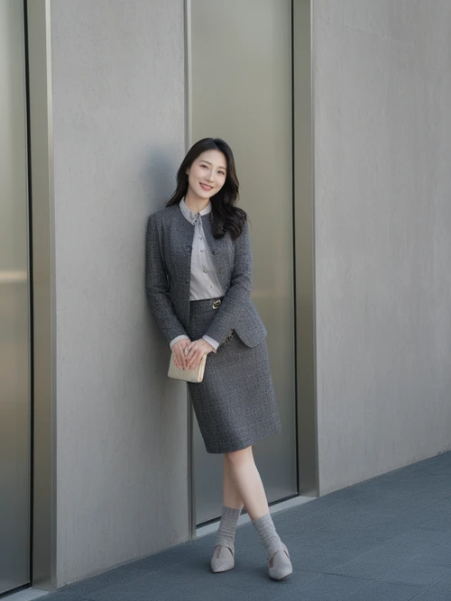 Elegant Charcoal Tweed Blazer and Skirt Set with Classic Accents