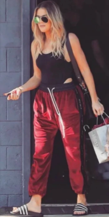 Velvet Track Pants and Tank Top Pairing with Stripe Slides and Sunglasses