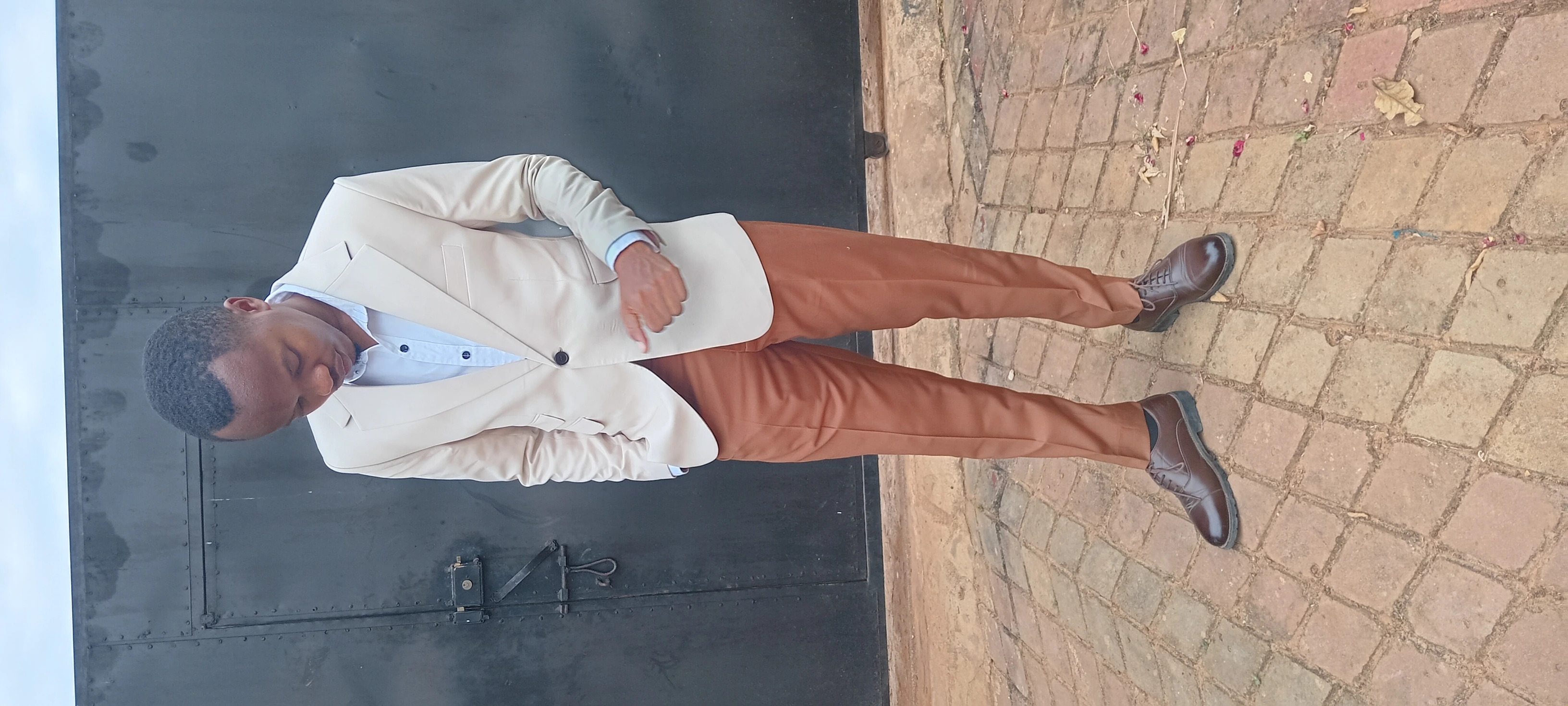Sophisticated Beige Blazer with Brown Trousers and Blue Shirt Ensemble