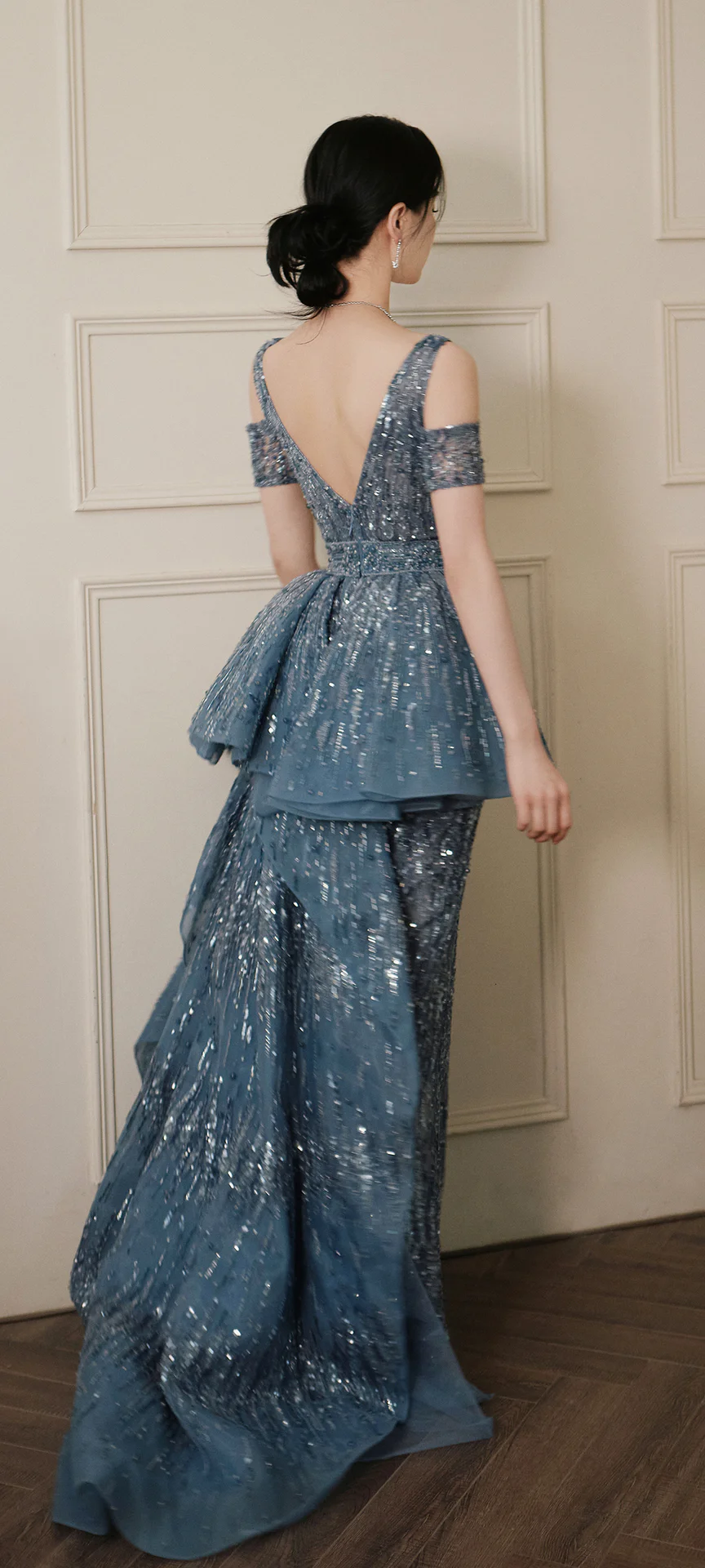 Sparkling Blue Off-Shoulder Gown with Sequin Detailing and Peplum Waist