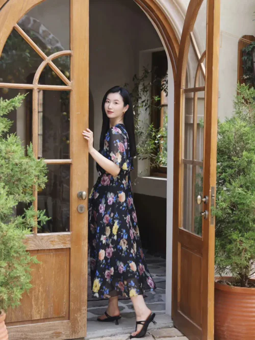 Elegant Floral Midi Dress with Black Heeled Sandals - Perfect for a Summer Outing