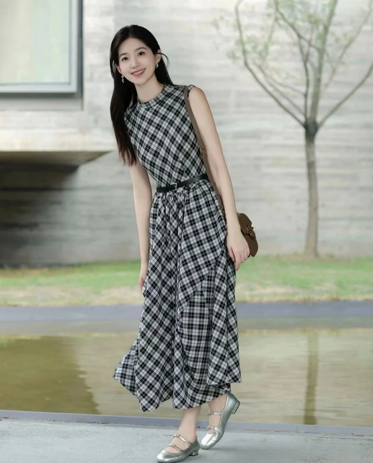 Elegant Black and White Plaid Dress with Silver Ballet Flats