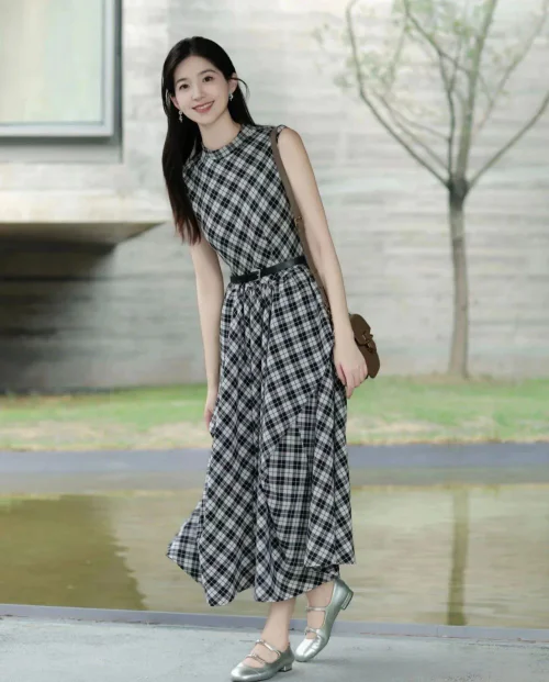 Elegant Black and White Plaid Dress with Silver Ballet Flats