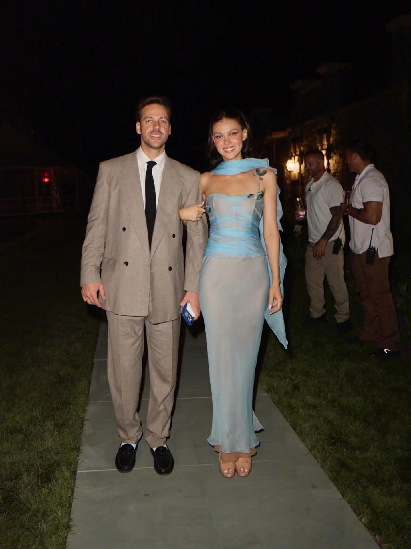 Elegant Beige Suit and Ethereal Light Blue Gown for a Formal Evening