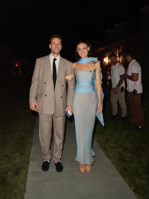 Elegant Beige Suit and Ethereal Light Blue Gown for a Formal Evening