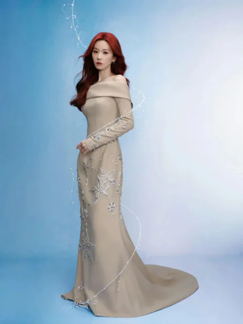 Elegant Beige Off-Shoulder Gown with Star Embellishments