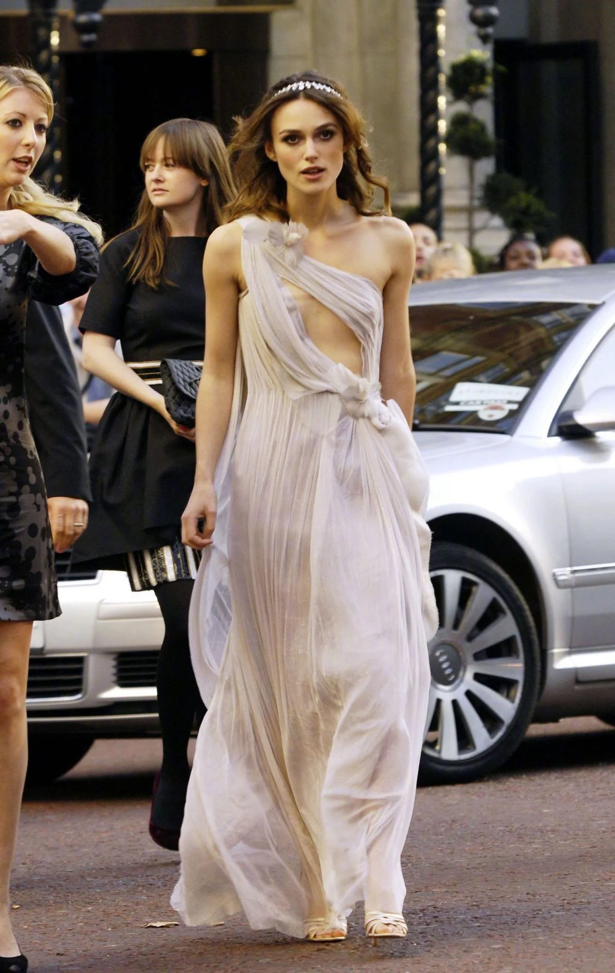 Elegant One-Shoulder Pastel Gown with Floral Details and Headpiece