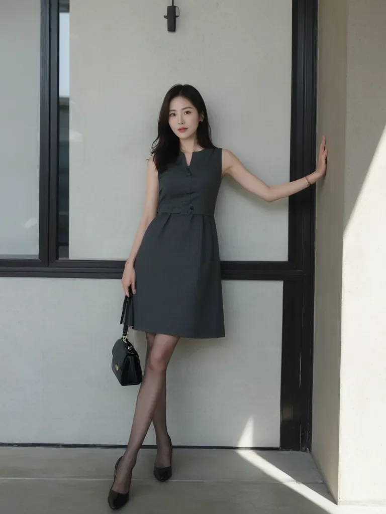 Elegant Sleeveless Dark Dress with Black Accessories and Sheer Tights