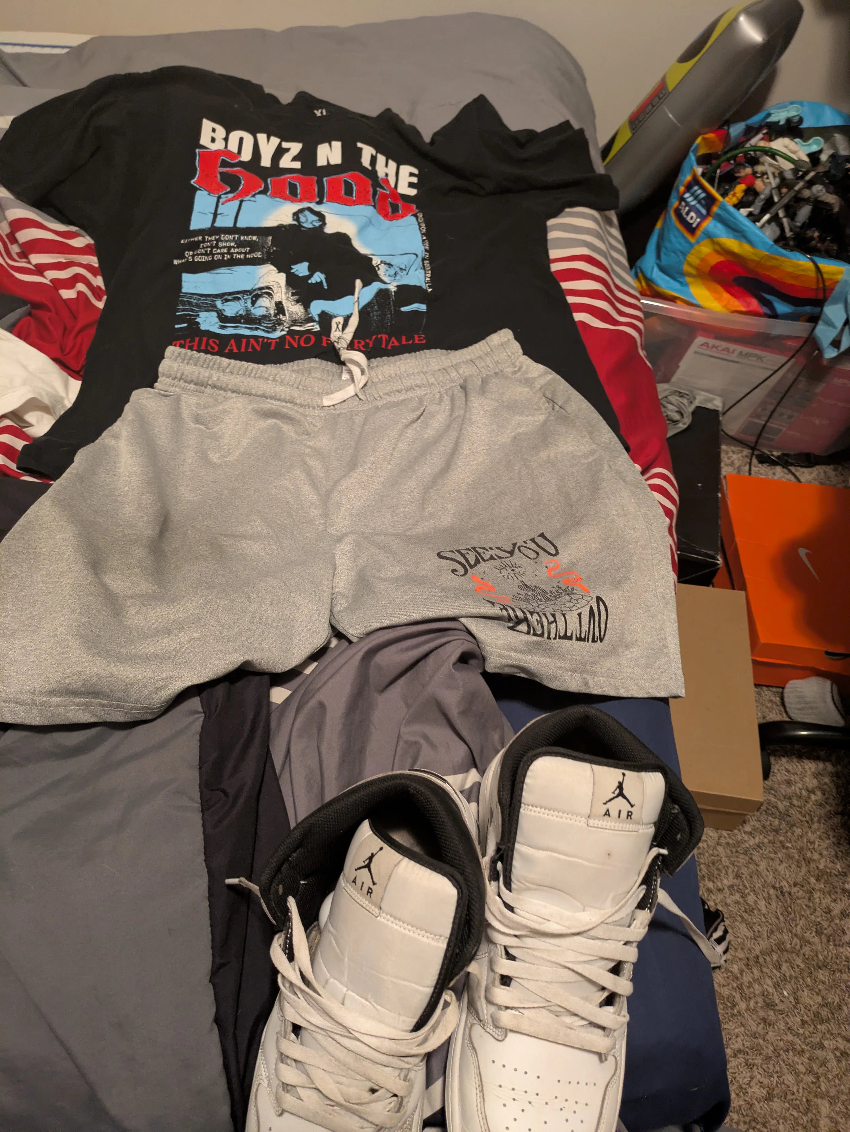 Urban Graphic Tee and Gray Shorts with Classic White High-Tops