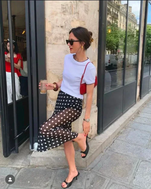 Chic Casual Ensemble with White Tee and Polka Dot Sheer Skirt