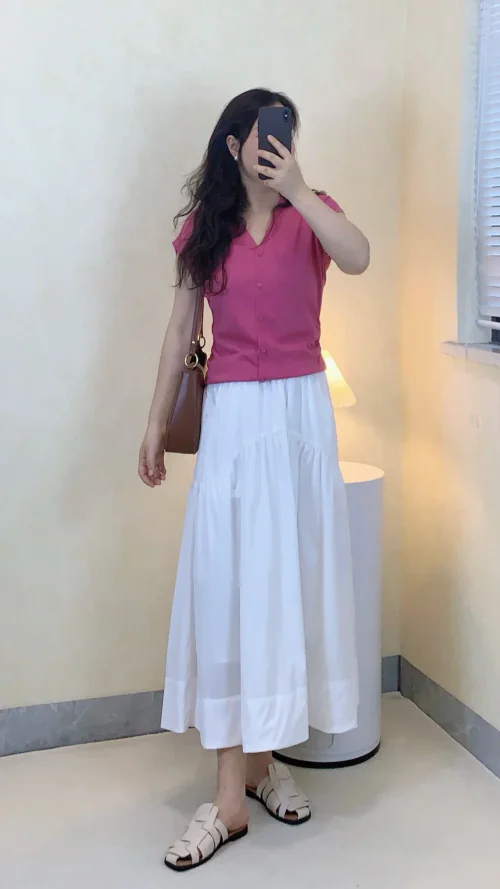 Fresh Summer Style: Pink Top and White Midi Skirt with Crisscross Sandals