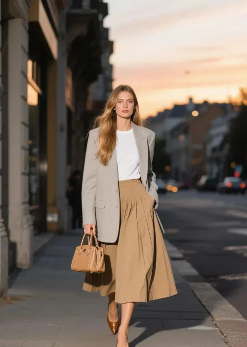 Elegant Urban Outfit with Gray Blazer, Camel Midi Skirt, and Coordinated Accessories