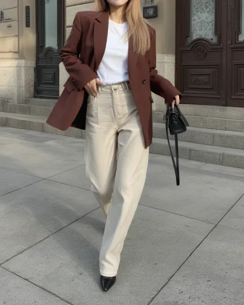 Chic Casual: Brown Blazer with White Tee and Beige Pants Ensemble