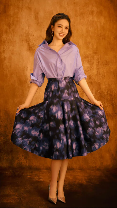 Elegant Lavender Button-Up Paired with a Patterned Skirt and Classic Heels