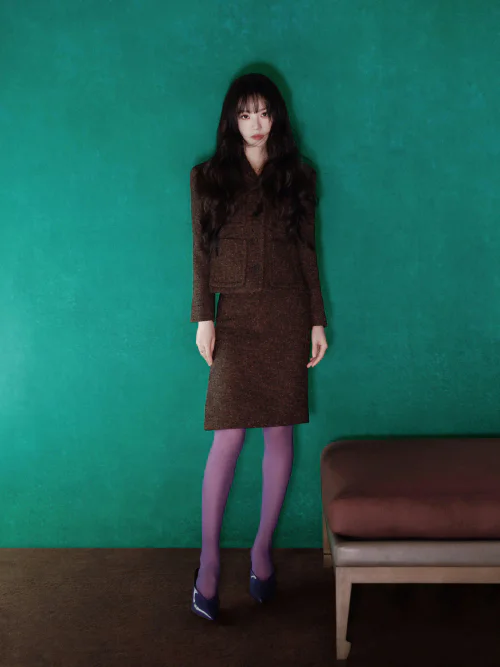Classic Brown Tweed Suit with Bold Purple Accents and Blue Heels