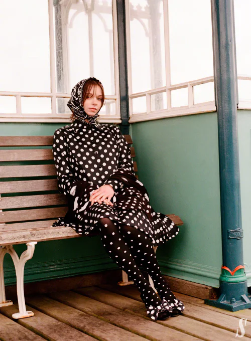 Polka Dot Print Dress with Matching Tights and Headscarf - Vintage-inspired Elegance