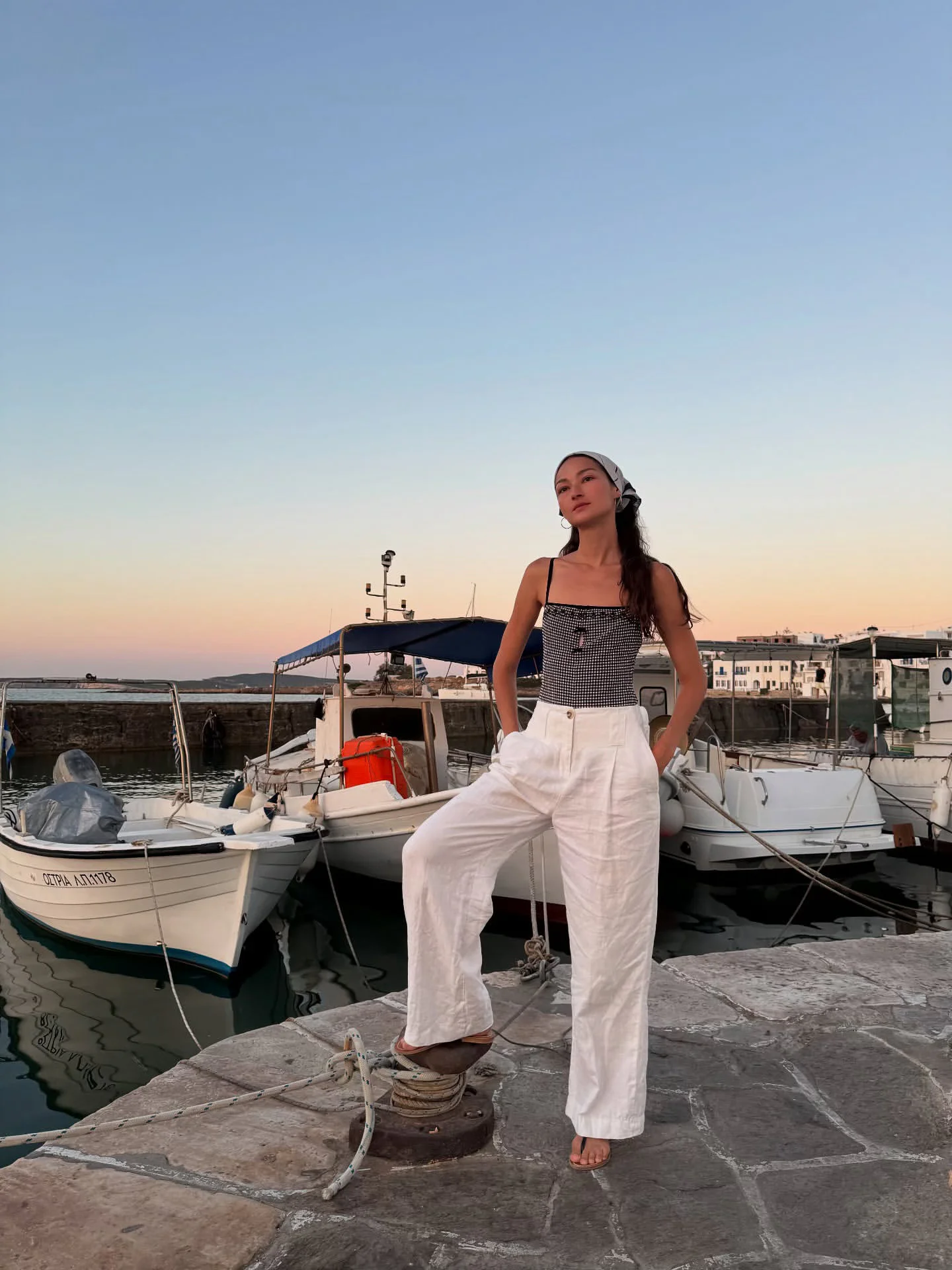 Casual Chic in Black and White: Checkered Top with White Wide-Leg Trousers