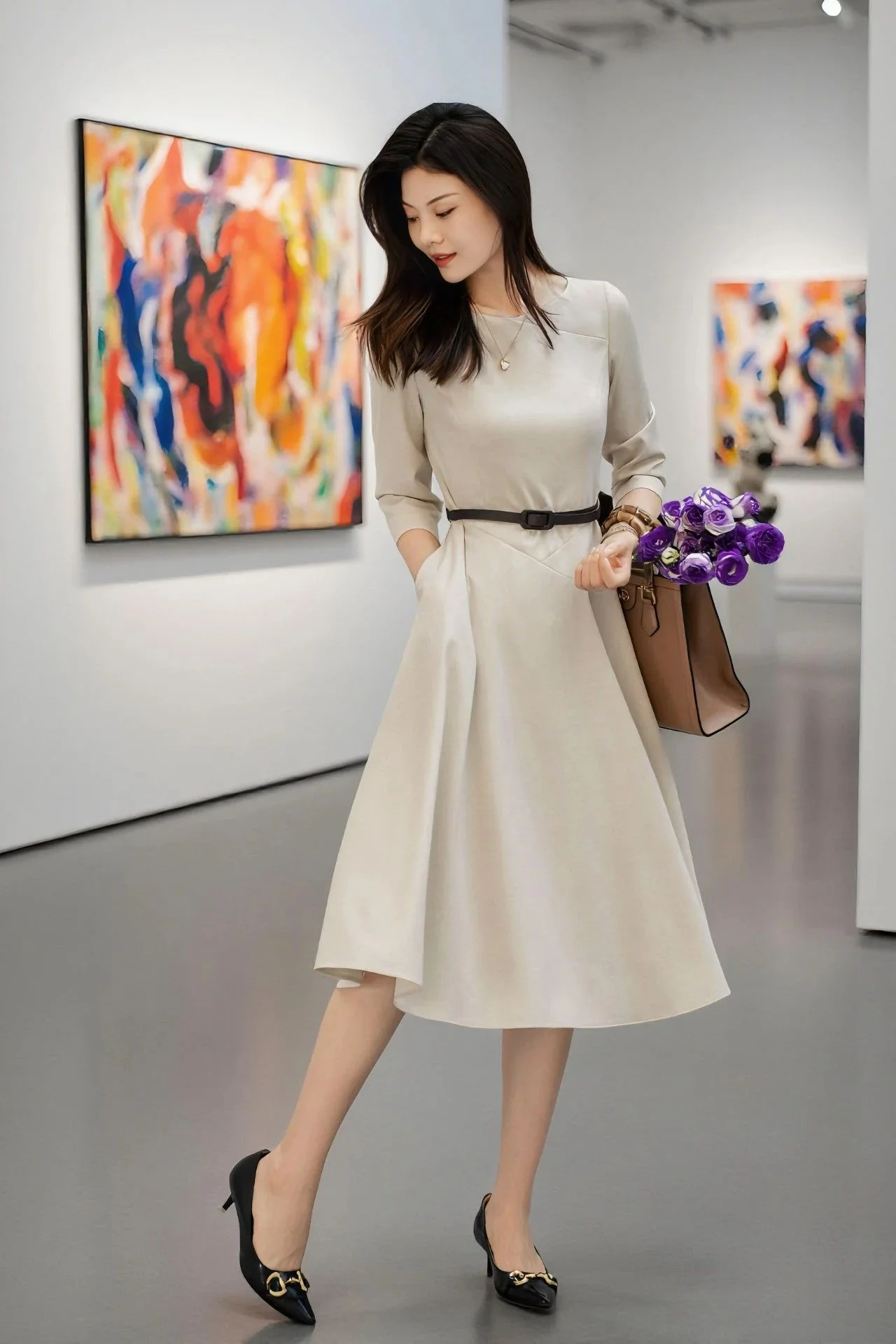 Timeless Elegance: Neutral A-Line Dress with Chic Accessories
