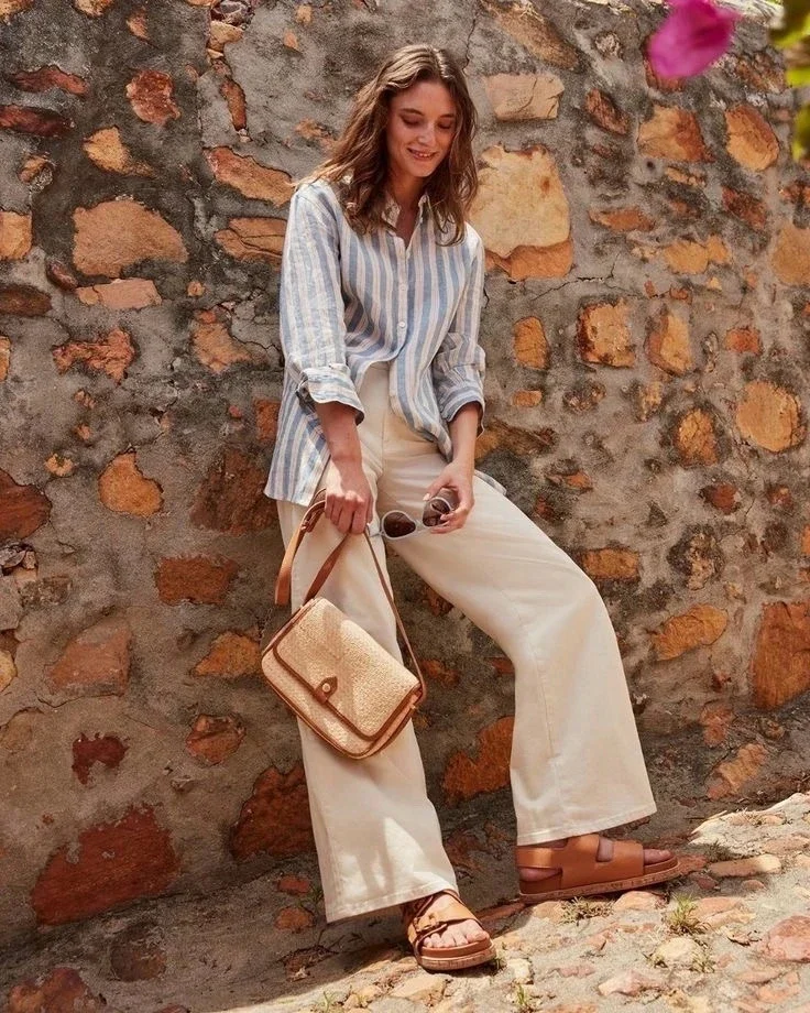 Casual Summer Chic: Striped Shirt and Wide-Leg Trousers with Sandals