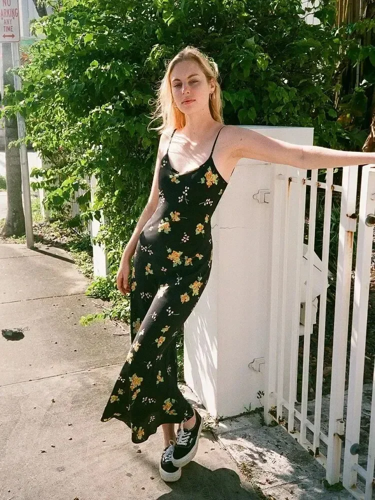 Effortless Chic: Floral Slip Dress with Sneakers for a Casual Day Out