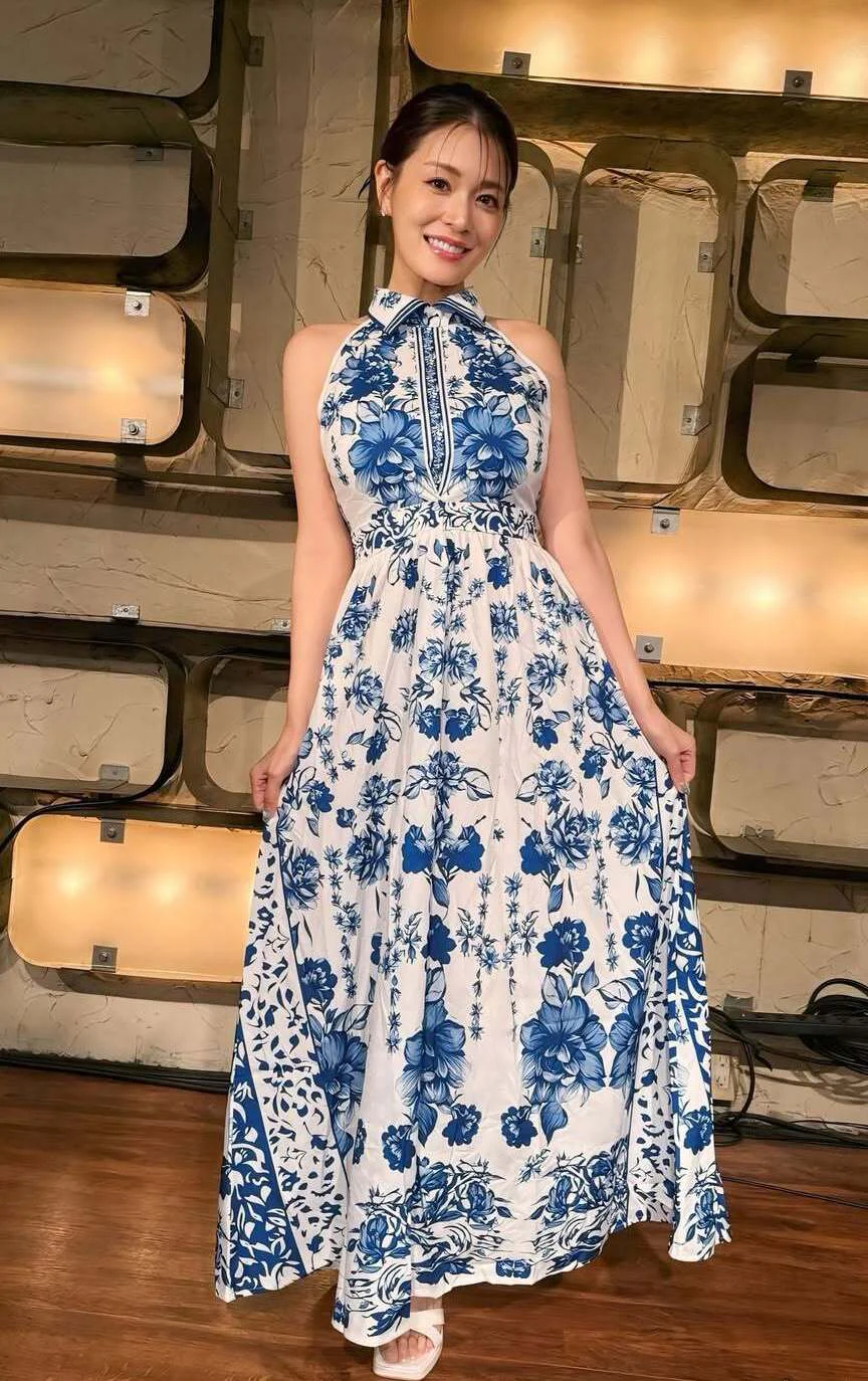Elegant Blue and White Floral Halter Dress with Sandals for a Fresh Summer Look