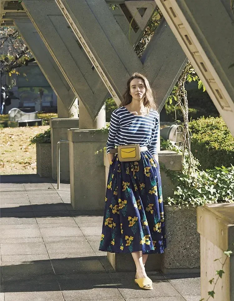 Eclectic Patterns with Striped Top and Floral Skirt Enhanced by Yellow Accents