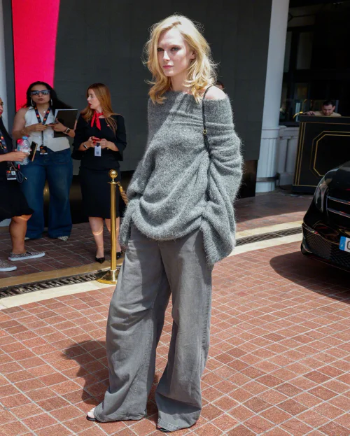 Effortlessly Chic: Monochrome Gray Off-Shoulder Sweater with Wide-Leg Trousers