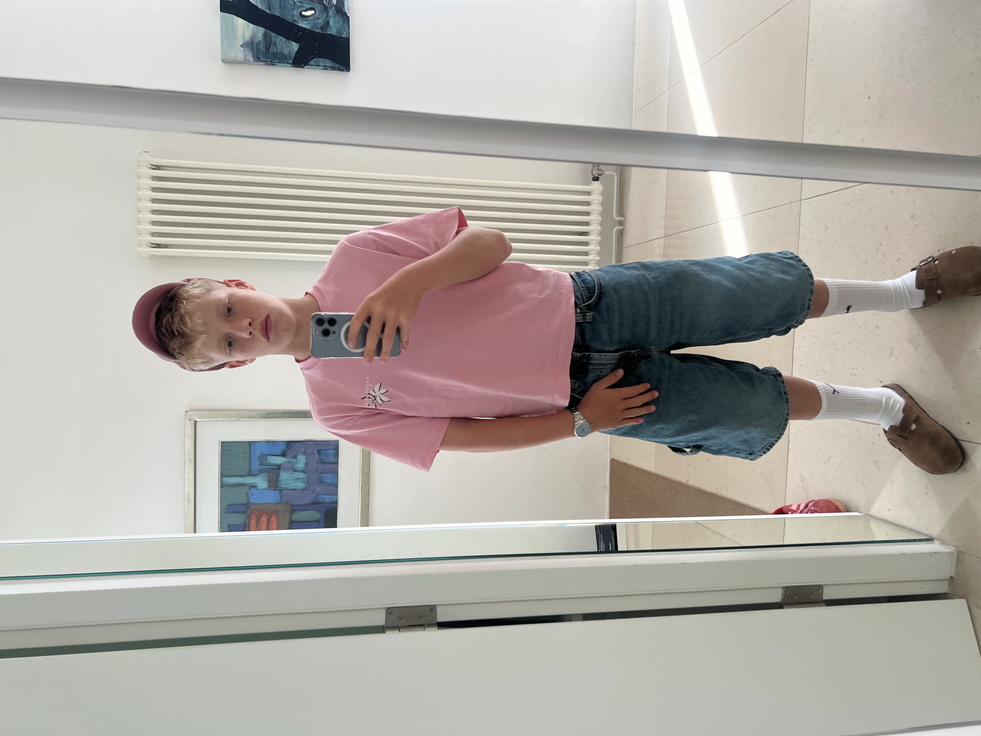 Casual Pink and Denim Ensemble with Coordinated Cap and Relaxed Fit