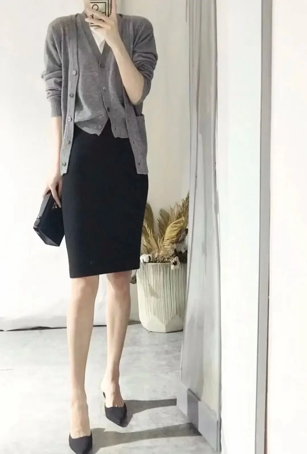 Classic Grey Cardigan and Pencil Skirt Ensemble with Black Heels and Clutch