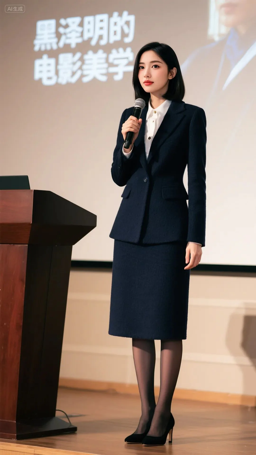 Sophisticated Navy Skirt Suit with Crisp White Shirt for a Professional Look