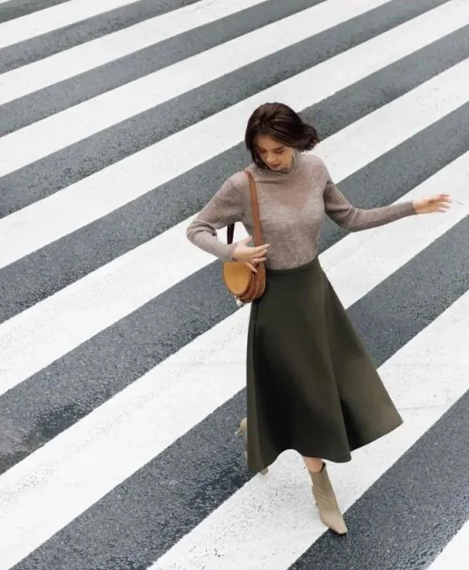 Chic Olive Green Midi Skirt with Cozy Turtleneck Sweater and Tan Ankle Boots