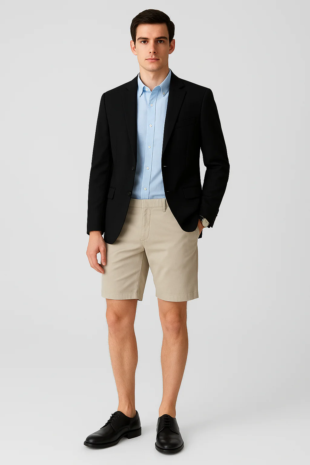 Classic Black Blazer and Blue Shirt Paired with Beige Shorts for a Smart-Casual Ensemble