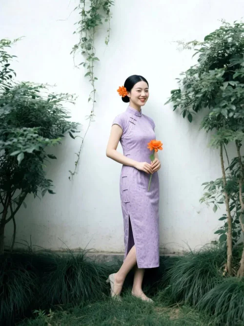 Elegant Lavender Cheongsam with Floral Accents