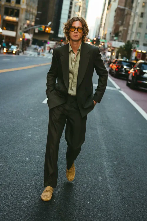 #US Open 2025# Relaxed Elegance: Dark Suit with Olive Shirt and Tan Loafers