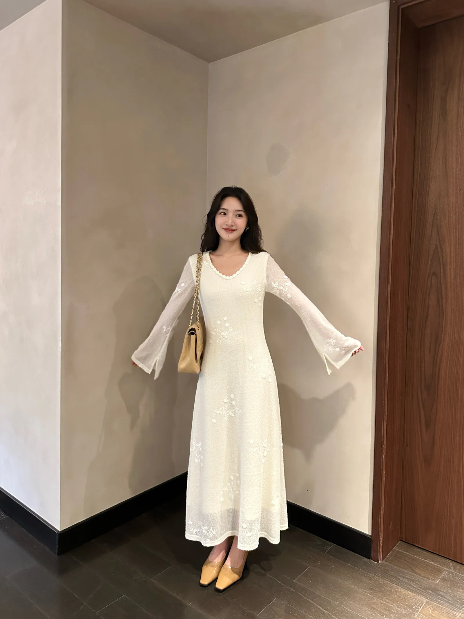 Elegant White Lace Dress with Bell Sleeves and Mustard Heels Ensemble