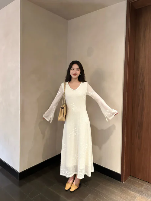 Elegant White Lace Dress with Bell Sleeves and Mustard Heels Ensemble