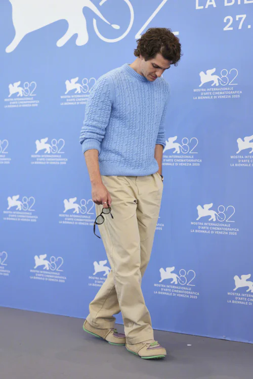 #Venice Film Festival# Casual Elegance with a Pastel Blue Sweater and Beige Pants
