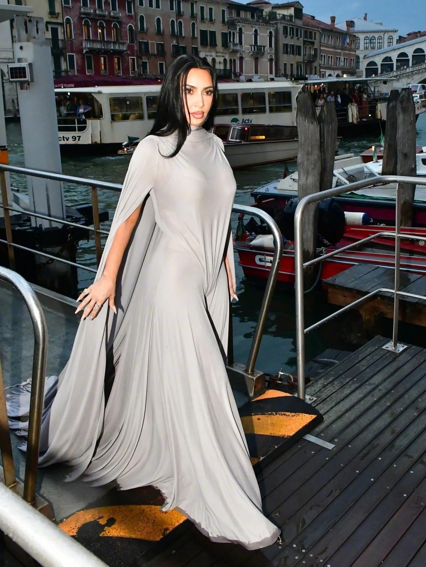 #Venice Film Festival# Elegant Gray Maxi Dress with Modern High-Neck and Flowing Silhouette