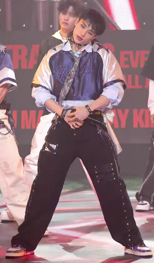 Bold Stage Outfit with Royal Blue Satin and Edgy Black Accents