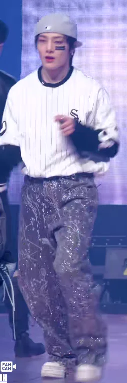 Sporty Streetwear: White Pinstripe Shirt with Patterned Cargo Pants and Gray Beanie