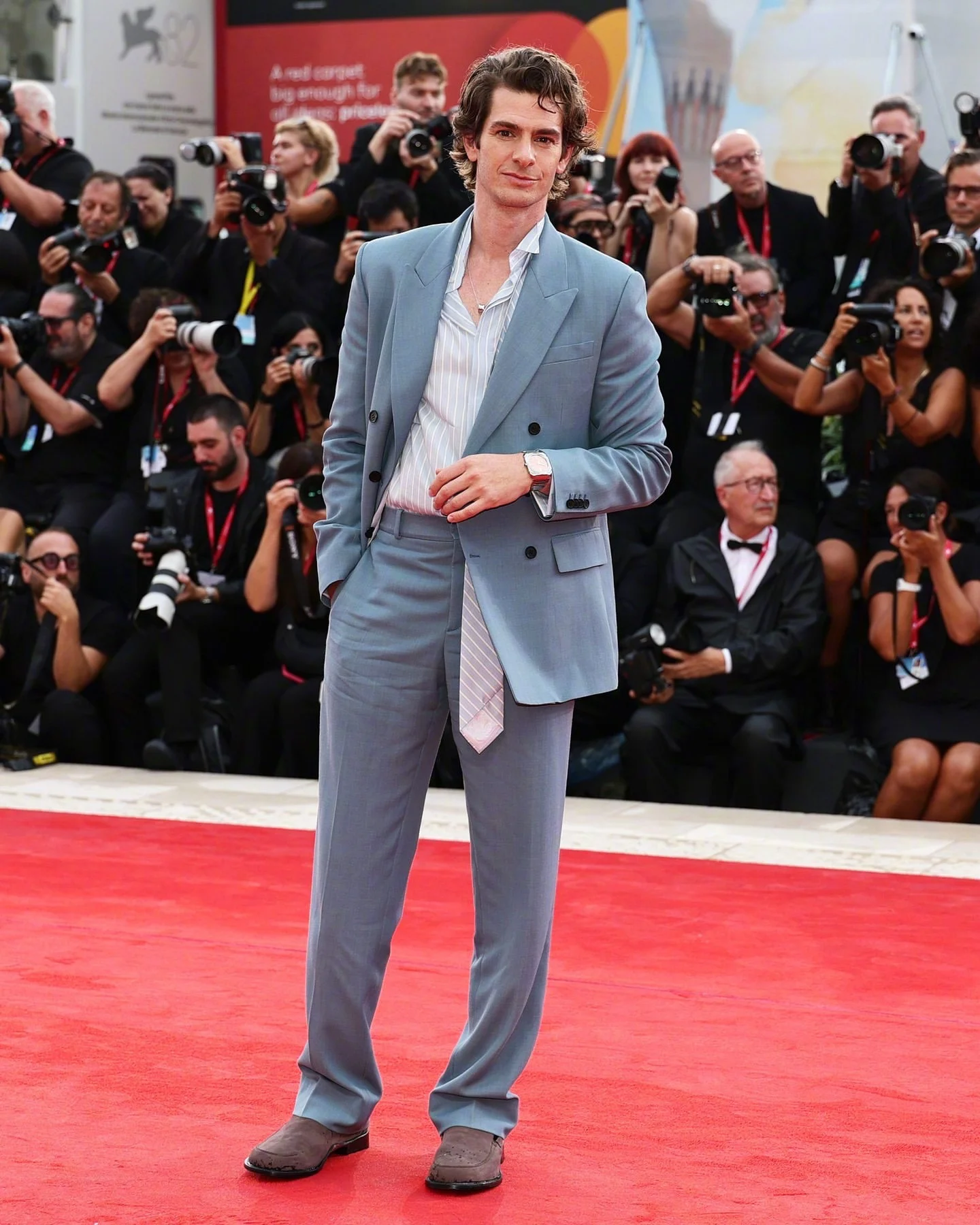 #Venice Film Festival# Stylish Blue Suit with Striped Shirt and Suede Shoes on the Red Carpet