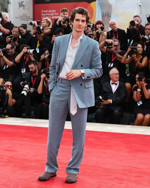 #Venice Film Festival# Stylish Blue Suit with Striped Shirt and Suede Shoes on the Red Carpet