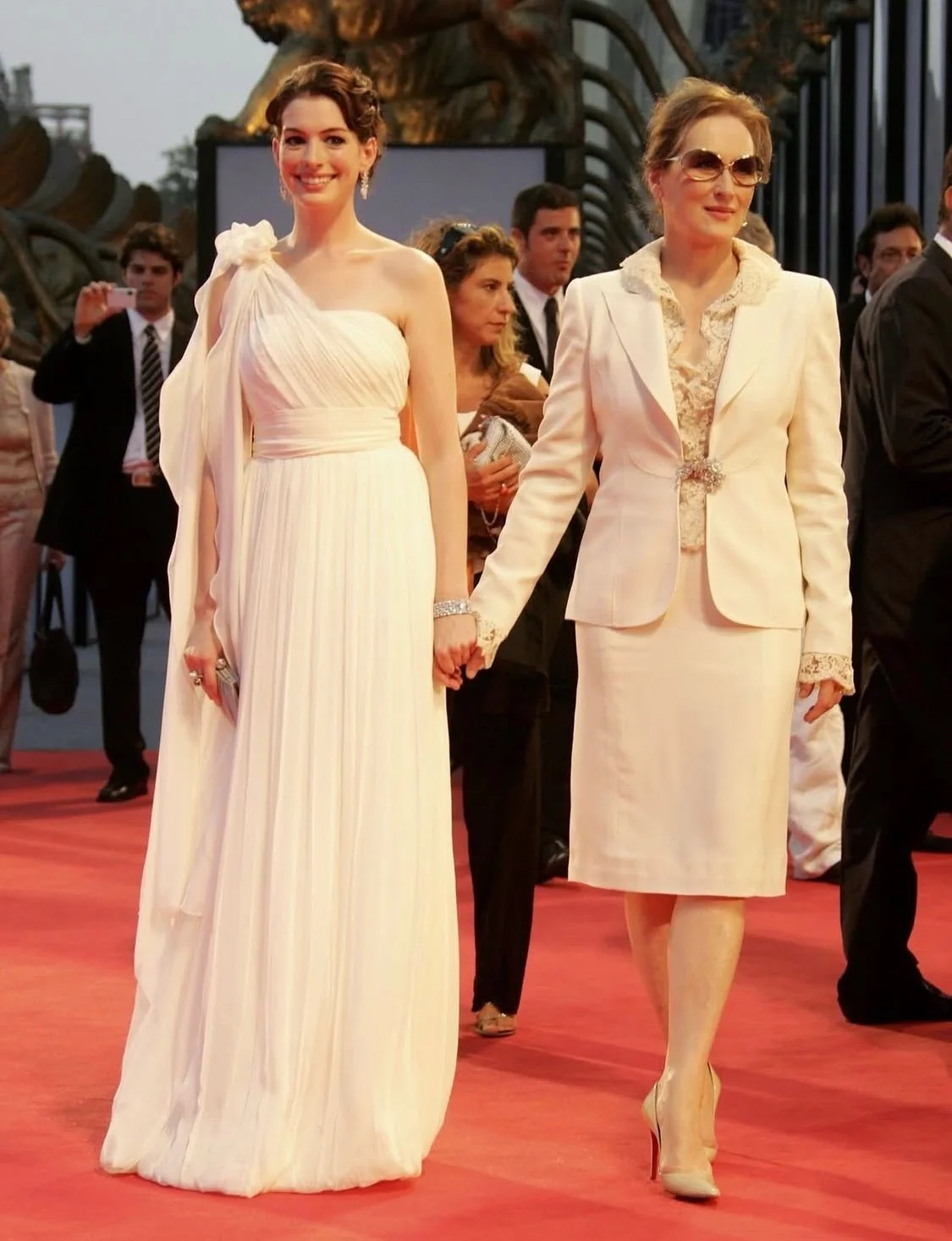 #Venice Film Festival# Elegance on the Red Carpet: White Gown and Cream Lace Skirt Suit