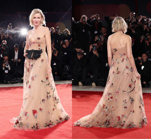 #Venice Film Festival# Elegant Nude Gown with Floral Embroidery and Contrast Bow