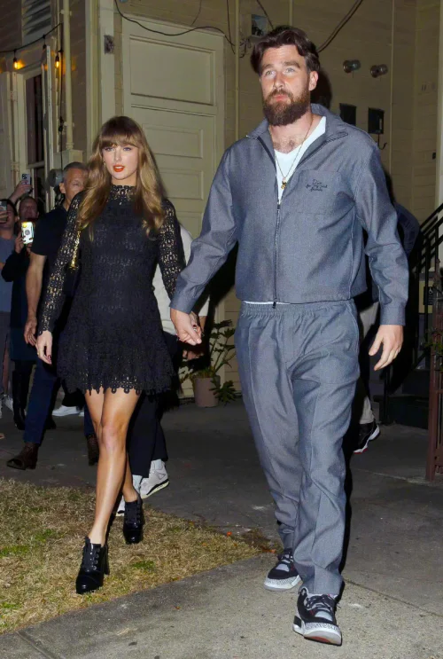 Lace Elegance Meets Casual Athleisure – Black Dress and Grey Tracksuit Style